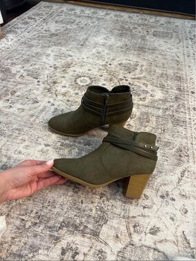 Cityclassified Olive Green Suede Ankle Booties with Stacked Heel